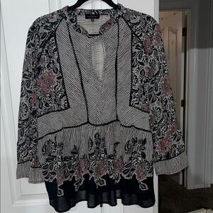 Lucky Brand semi-sheer black/pink boho pullover blouse size 2X